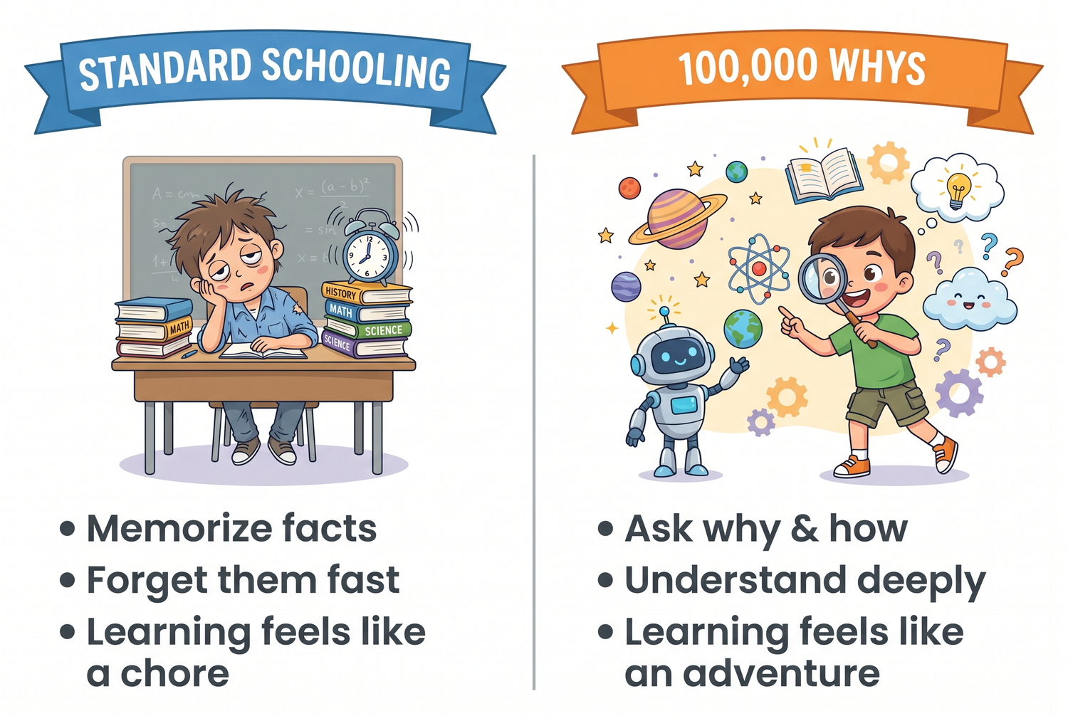 Standard schooling vs 100,000 Whys comparison