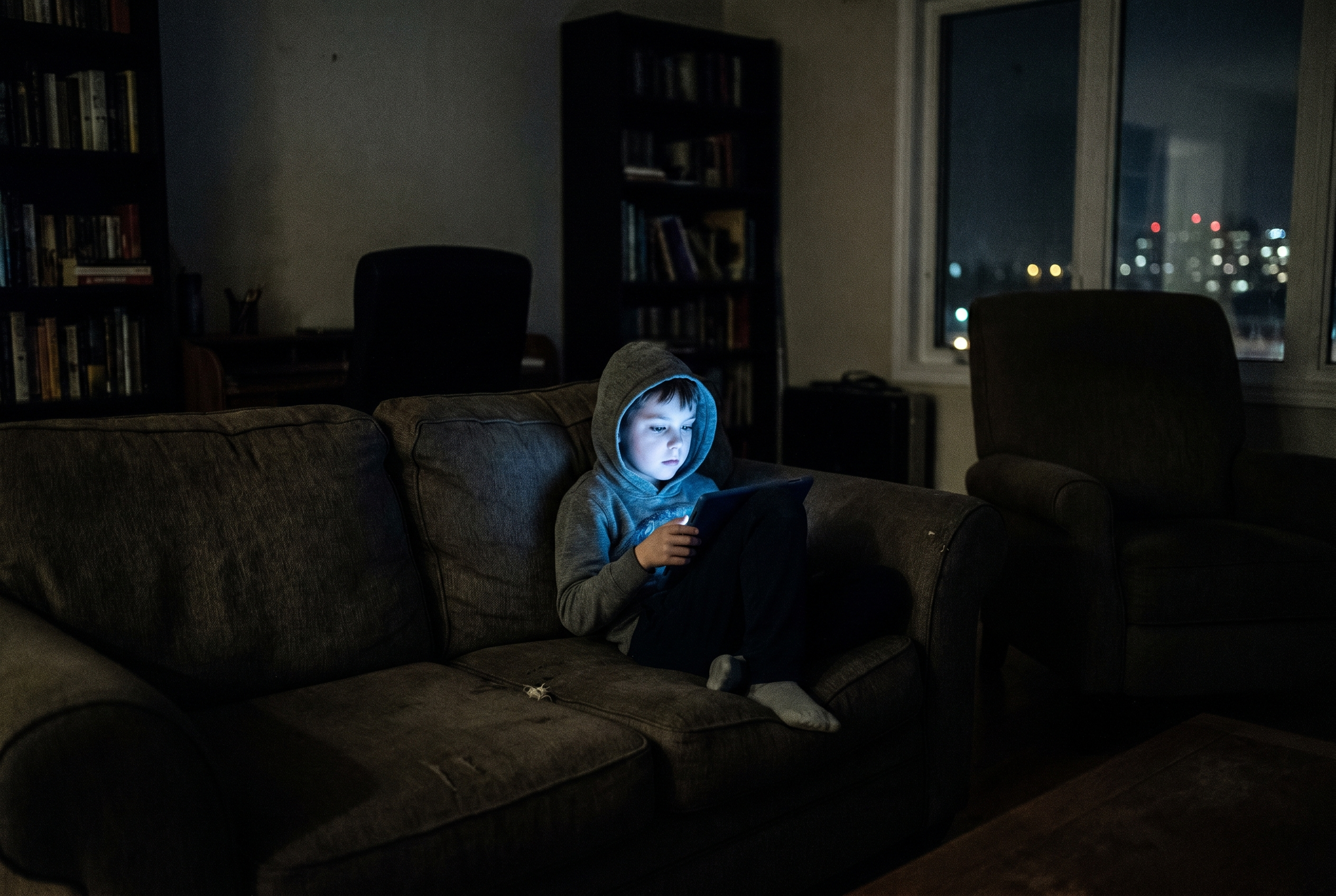 A child alone at night absorbed in a tablet screen
